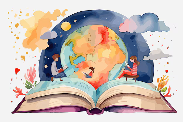 Alunos lendo com bandeiras de diferentes países ao fundo